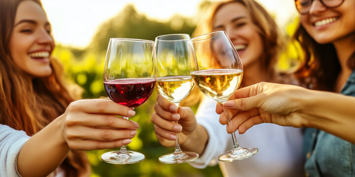 Gruppe junger Frauen auf einem Weingut nimmt an einer Weinprobe teil und st&ouml;&szlig;t mit Weingl&auml;sern an.