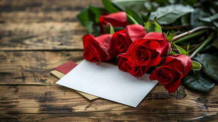 Red roses paired with a greeting card on a wooden table, creating a classic and heartfelt presentation.