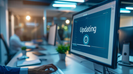 Close-up of computer screen showing software update progress bar with "Updating" in bold letters, modern office desk in background, emphasizing digital technology and productivity.