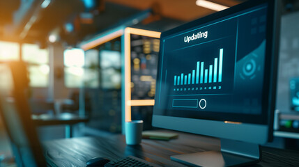 Close-up of computer screen showing software update progress bar with "Updating" in bold letters, modern office desk in background, emphasizing digital technology and productivity.