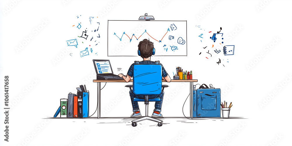 Aufkleber person is working at desk with laptop and whiteboard displaying graphs and charts, surrounded by off