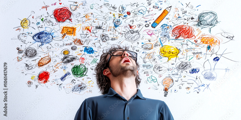 Poster man stands in front of whiteboard filled with colorful, chaotic doodles, appearing overwhelmed
