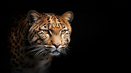 Obraz premium A close-up of a leopard's face, featuring its intense gaze and distinctive spots set against a dark background, highlighting the animal’s beauty and wild nature.