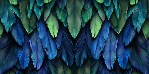 Fototapeta premium Blue and Green Feathers Abstract Pattern: A captivating abstract pattern of overlapping blue and green feathers creates a mesmerizing visual texture.