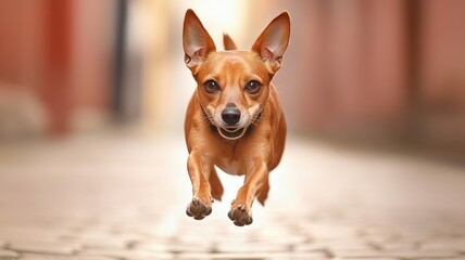 A joyful Chihuahua leaps forward down a cobblestone path, showcasing its playful spirit and vibrant energy in a charming urban setting.