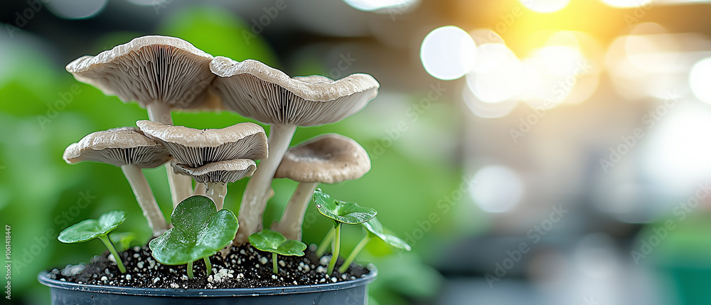 Poster cluster of organic mushrooms grows in pot with vibrant green leaves, illuminated by soft sunlight in