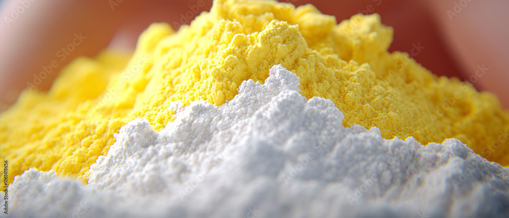 Poster bright yellow and white powders are closely displayed, showcasing their fine texture and vibrant col