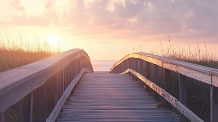 Obraz premium Wooden Bridge Leading Towards a Beach at Sunrise