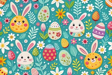 Happy Easter Greeting Card with Cartoon Bunny and Spring Motifs - Colorful Seamless Pattern for Festive Celebrations