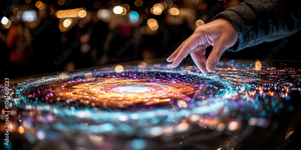 Aufkleber person interacts with vibrant digital display, simulating galaxy with swirling colors and lights, cr