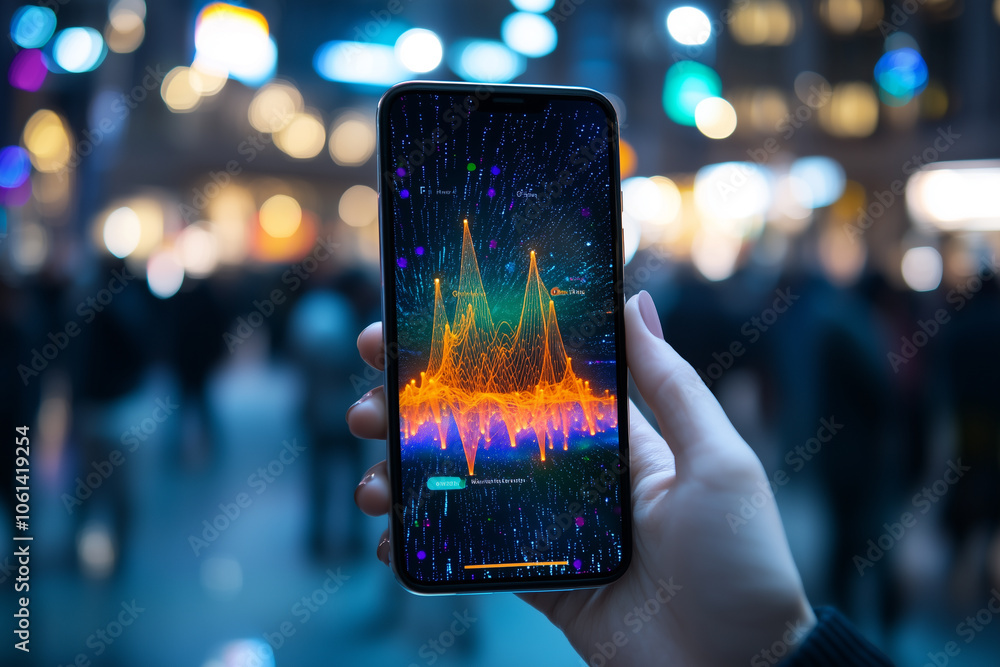 Poster person holds smartphone displaying vibrant data visualizations in bustling cityscape, highlighting t