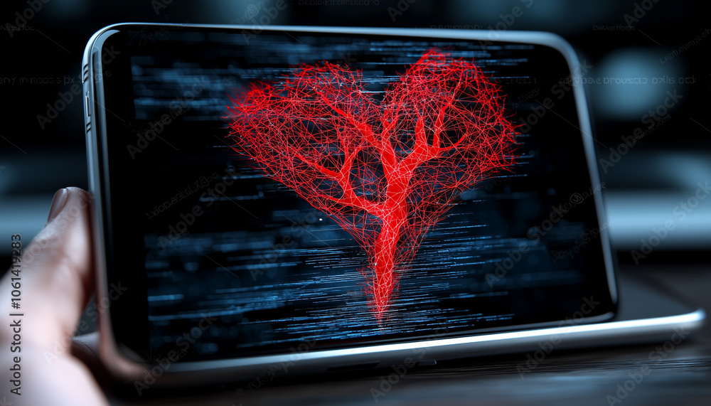 Aufkleber digital heart made of red neural network lines displayed on smartphone screen, symbolizing intersection of technology and emotion