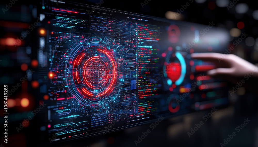 Poster hand interacts with futuristic digital interface displaying complex data and glowing red and blue elements, suggesting advanced technology and innovation