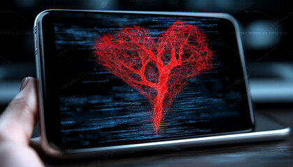 digital heart made of red neural network lines displayed on smartphone screen, symbolizing intersection of technology and emotion