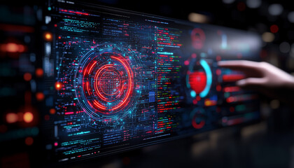 hand interacts with futuristic digital interface displaying complex data and glowing red and blue elements, suggesting advanced technology and innovation