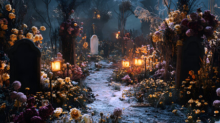 Obraz premium A graveyard adorned with dried flowers and spooky lanterns.