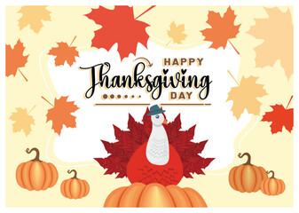 Thanksgiving day with turkey, pumpkins, and autumn leaves. A day of thanksgiving after the harvest season.  Thanksgiving concept. Flat vector illustration.