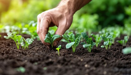 Close up of a hand gently planting a young green sprout into the ground.