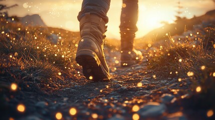 A close-up view of a hiker's boots walking along a trail during golden hour, symbolizing adventure, exploration, and the beauty of nature at sunset.