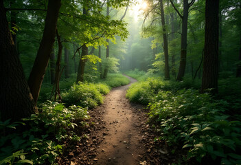 Obraz premium serene forest path winding through lush greenery, illuminated by soft sunlight filtering through trees, creating tranquil atmosphere