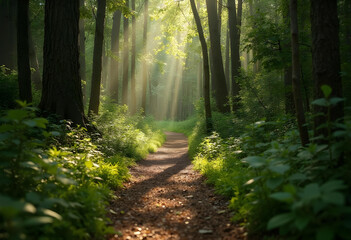 serene forest path illuminated by soft sunlight filtering through trees, surrounded by lush greenery and vibrant foliage, creating peaceful atmosphere