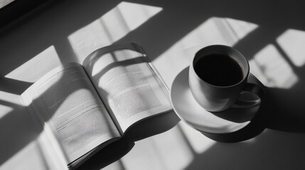 Minimalistic flat lay with coffee and an open magazine, shadows cast from a window bring depth and softness to the shot.