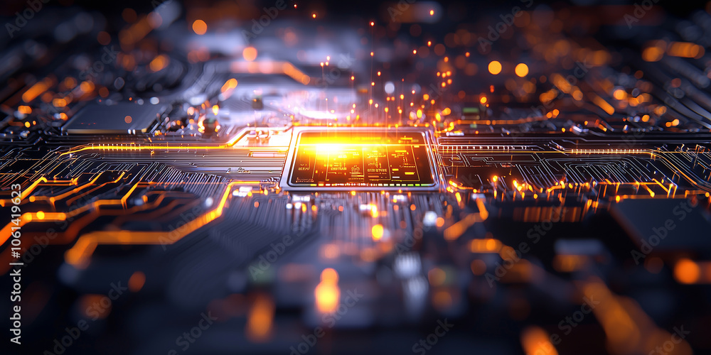 Leinwandbilder glowing microchip on circuit board emits vibrant sparks, symbolizing advanced technology and innovation. intricate design highlights complexity and precision of modern electronics