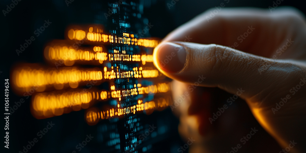 Leinwandbilder hand interacts with glowing digital code on screen, symbolizing technology and programming. image conveys sense of innovation and digital interaction