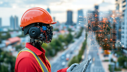 futuristic robot engineer wearing hard hat and safety vest analyzes digital schematics on city rooftop, showcasing advanced technology in urban development