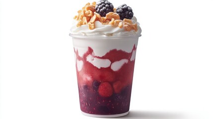 Delicious Creamy Dessert Topped with Fruits and Crunchy Treats
