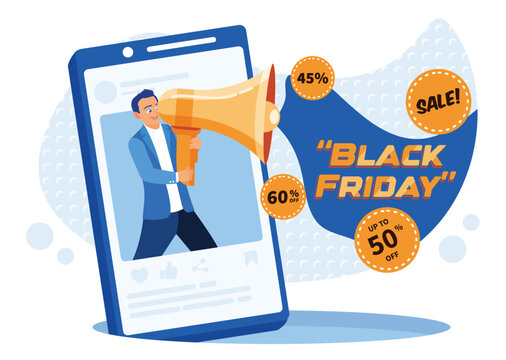 Man giving announcement using a megaphone. Sales advertising on social media. Black Friday concept. Flat vector illustration. - Powered by Adobe
