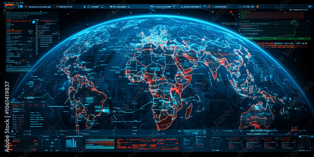 Poster digital world map with glowing red and blue lines displays real time data and analytics, highlighting global connections and network activity