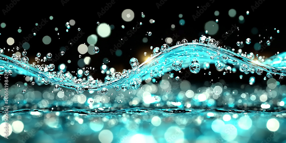 Poster Dynamic image of sparkling water droplets and waves against dark background, creating vibrant and energetic atmosphere. turquoise hues and bokeh effect enhance visual appeal