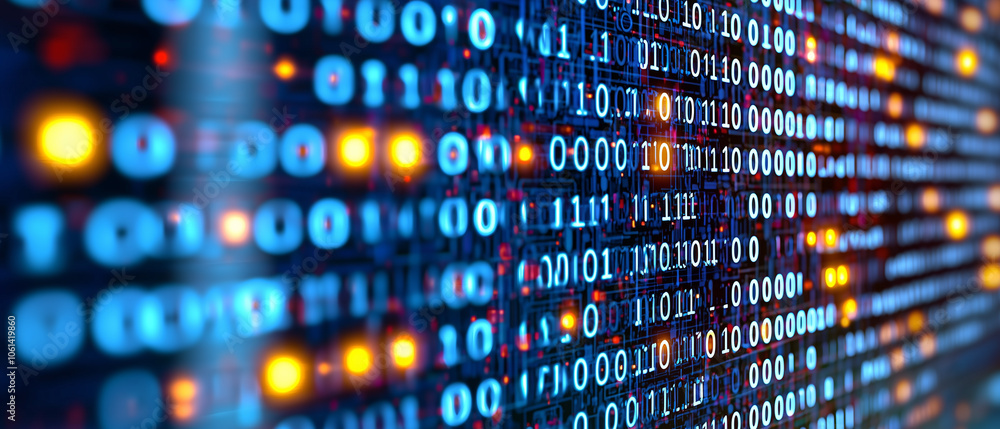 Leinwandbilder digital display of binary code with glowing lights creates futuristic and technological atmosphere, symbolizing data processing and information flow