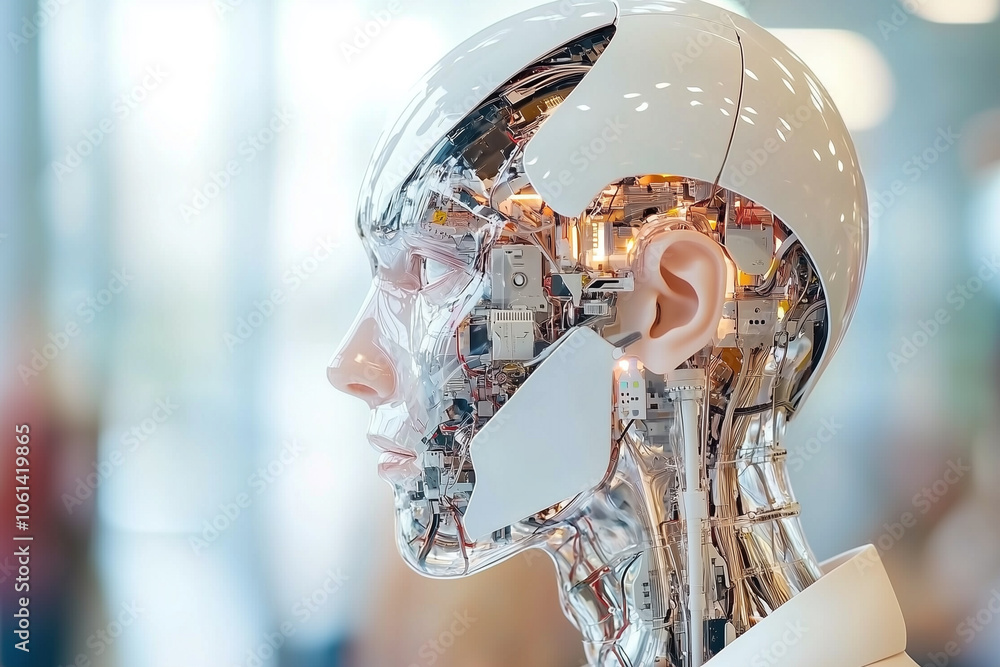 Poster futuristic humanoid robot with exposed mechanical components and sleek design, showcasing advanced technology and artificial intelligence in modern setting