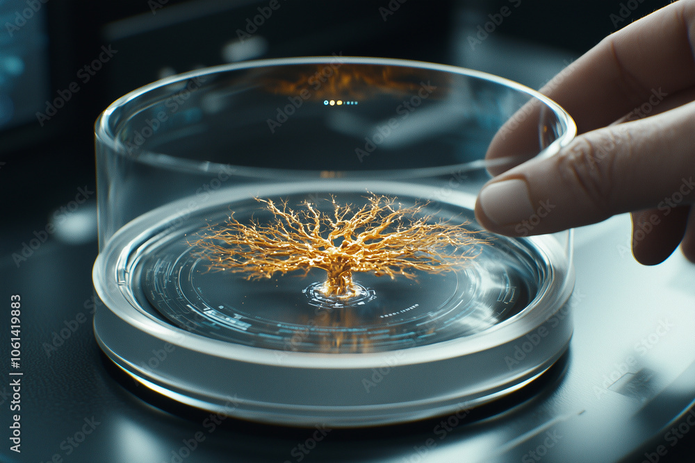 Poster hand interacts with futuristic holographic display featuring glowing tree design, symbolizing advanced technology and innovation