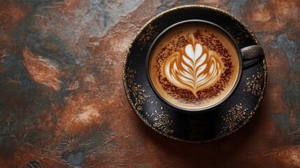 PNG cappuccino cup and saucer with intricate latte art, isolated for easy integration into digital artwork.