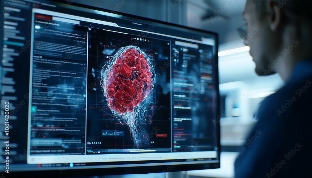 Poster person analyzing digital brain model on computer screen in modern lab. interface features glowing elements and dark mode layout, suggesting advanced technology and innovation