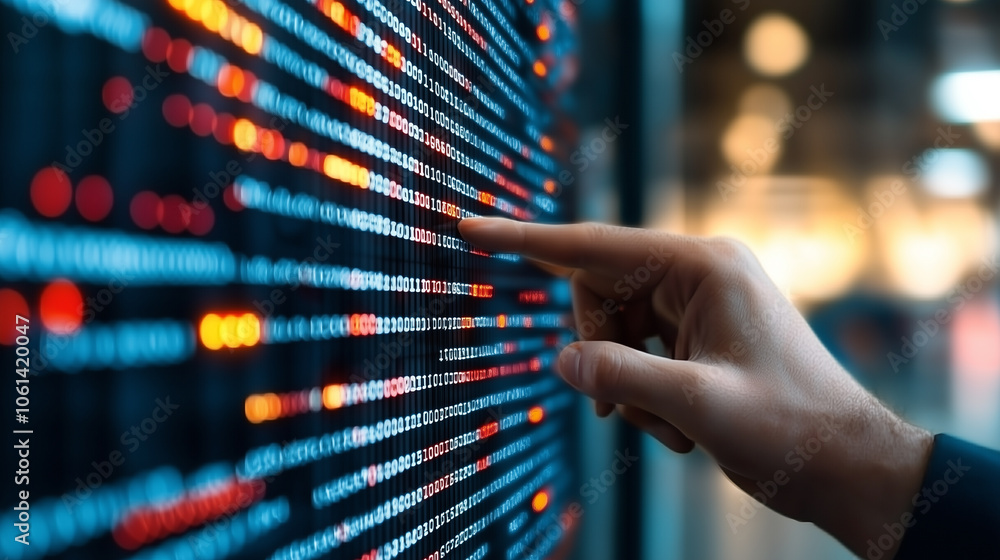Poster person interacts with digital screen displaying colorful data points, highlighting technology and innovation