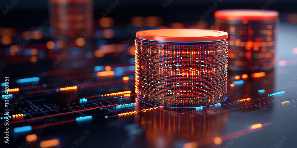 Poster futuristic digital data storage concept with glowing circuits and vibrant colors, representing advanced technology and innovation in data management