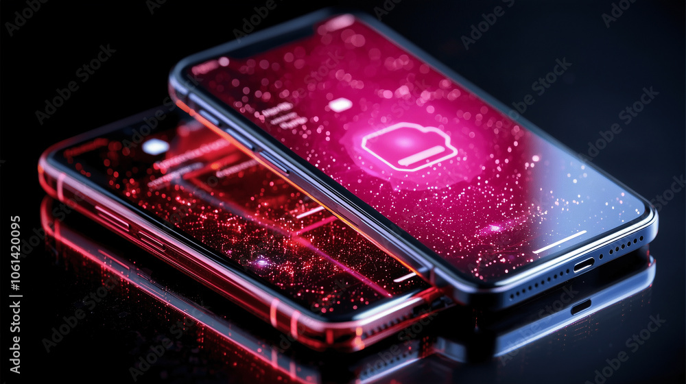 Poster two smartphones with vibrant red galaxy themed screens lie on reflective surface, showcasing futuris
