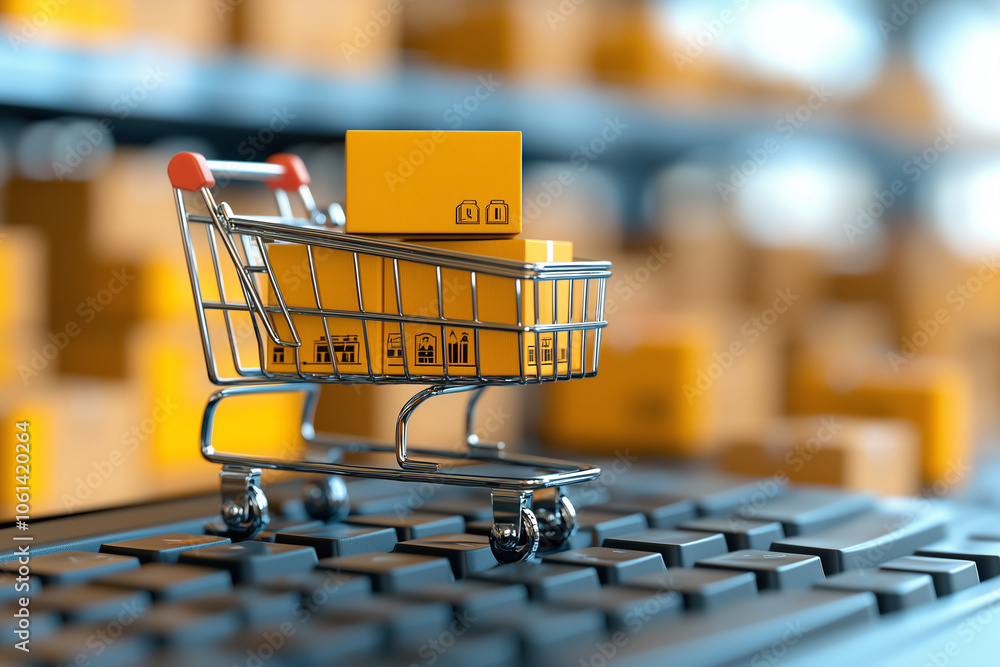 Poster miniature shopping cart filled with boxes sits on computer keyboard, symbolizing online shopping and e commerce. image highlights convenience and accessibility of digital retail platforms