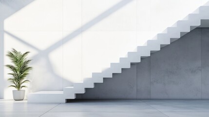 Obraz premium Modern staircase with a potted plant in a minimalist interior space.