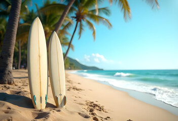 Surfers boards resting on sandy beach, surrounded by palm trees and ocean waves, evoke sense of adventure and relaxation in tropical paradise
