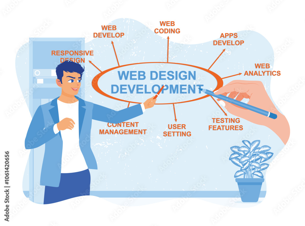 Wall mural young man sketching web development on computer. hand holding a pencil. web design concept. flat vec