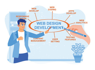 Young man sketching web development on computer. Hand holding a pencil. Web design concept. Flat vector illustration.