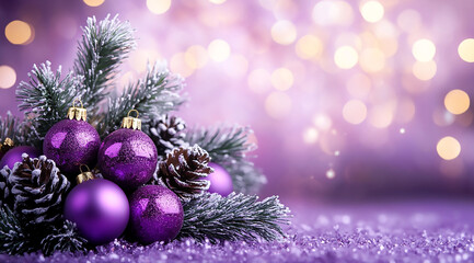 Purple Christmas ornaments with bokeh lights in the background