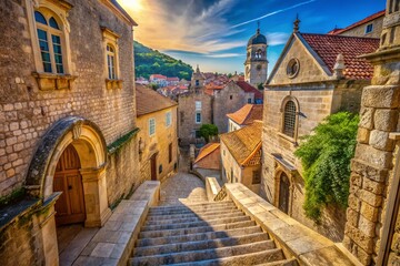 Fototapeta premium High Angle View of Medieval Semi-Circular Stone Staircase at Dominican Monastery in Old Town Dubrovnik, Croatia - Historical Architecture, Travel Destination, Scenic Views