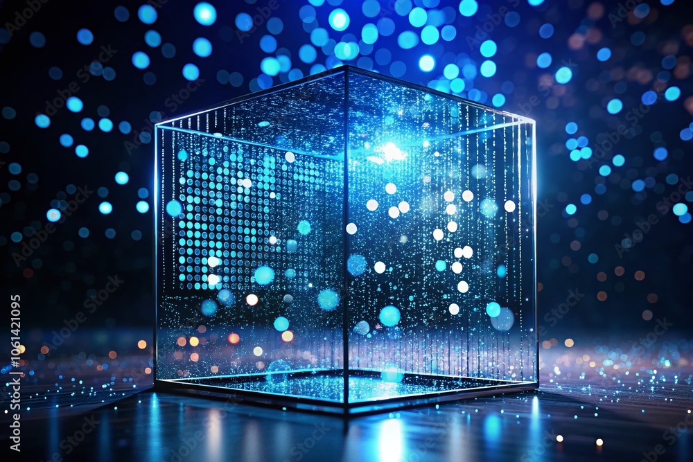 Poster high depth of field image of a blue box with particles and dots on a dark background – abstract art 