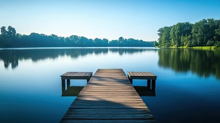 Wooden Dock Extending into a Tranquil Lake with a Reflected Shoreline